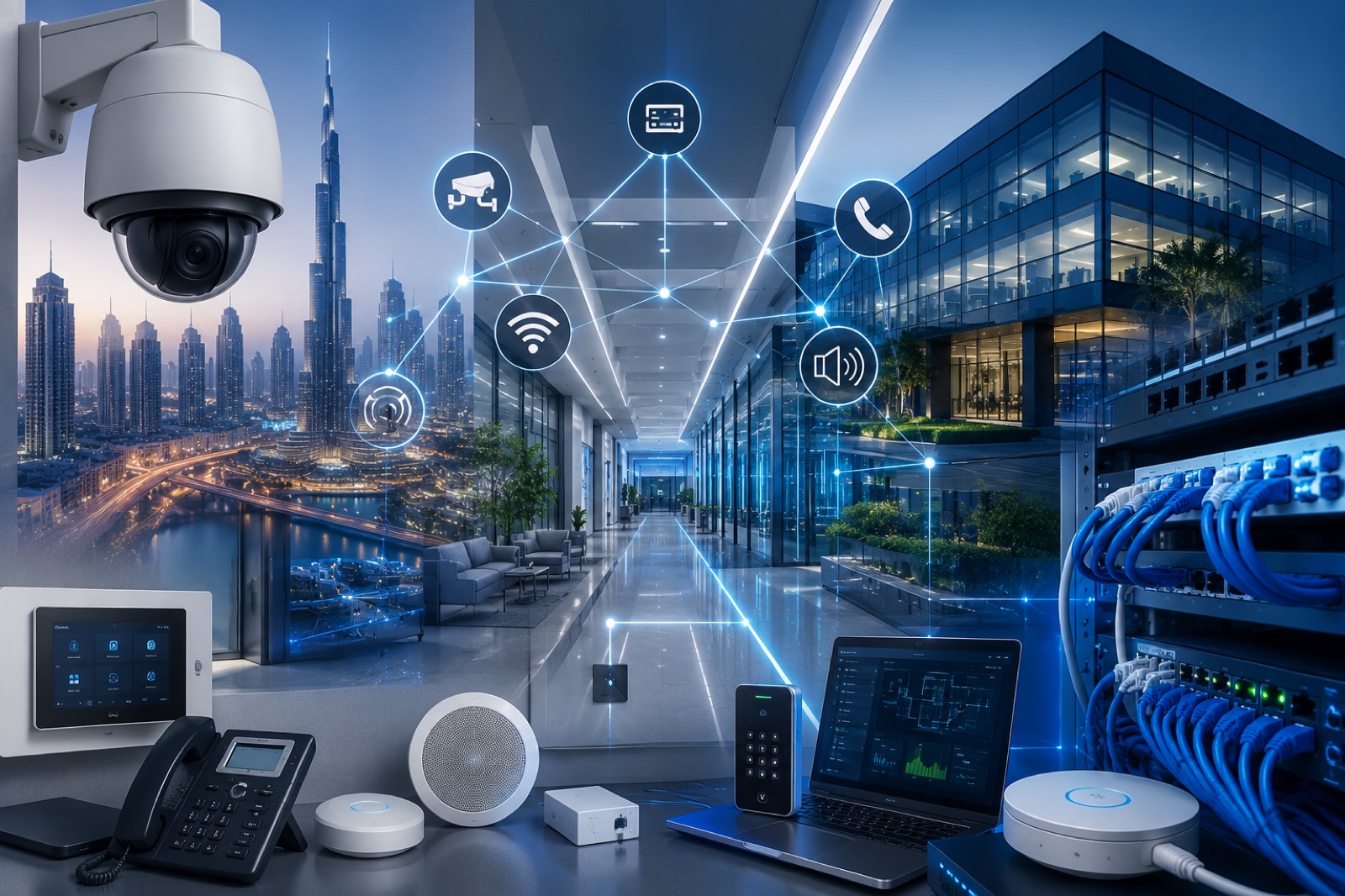CCTV camera, access control keypad, IP telephone, structured cabling and network rack — low current systems installation by Go Pro Technology in Dubai UAE